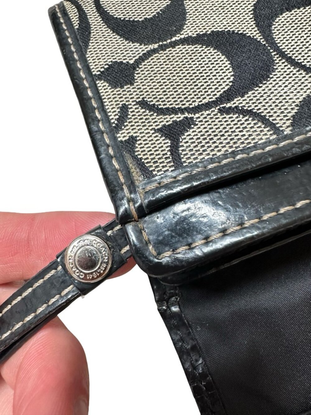 Vintage Coach Signature Jacquard Bifold Wallet Black Gray Leather Trim Preppy - Picture 6 of 13